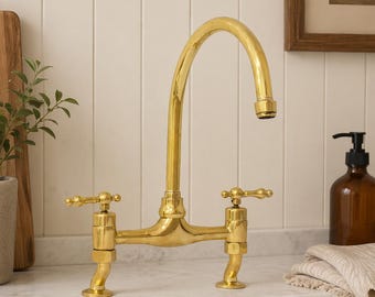 Unlacquered Brass Bridge Kitchen Faucet, Handmade Vintage Sink Tap, Farmhouse Mixer