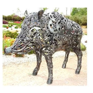 Recycled Metal Wild Boar Sculpture – Iron Hog Statue – Rustic Animal Decor