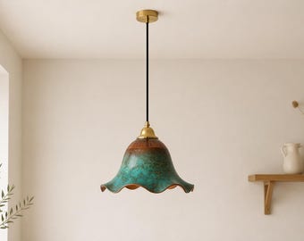 Handmade Copper Flower Pendant Light, Green Patina Boho Ceiling Lamp