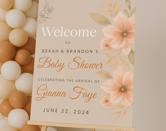 Rosa Blumen Babyparty Willkommensschild Vorlage (Digitaler Download)