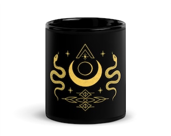 Taza Luna Serpiente: Taza de Café con Bruja Serpiente Negra y Dorada - Regalo Gótico, Oculto y Pagano