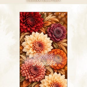 Könnte beinhalten: Eine rechteckige Registerkarte mit einem floralen Arrangement aus Dahlien in Dunkelrot, Orange, Creme und Burgunder, akzentuiert durch Weizenähren. Der Text lautet REGISTER HERBSTBLUMEN, Zufälle Register und BUDGET ESSENTIALS.