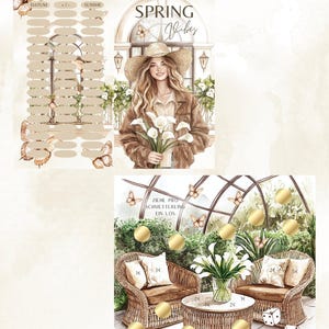 Könnte beinhalten: Aquarell-Illustration mit dem Text "SPRING VIBES". Das Bild zeigt eine Frau mit Strohhut, die Blumen hält, Schmetterlinge und eine Gartenszene mit Möbeln und Würfeln. Der Text "ZIEHE PRO SCHMETTERLING EIN LOS" ist ebenfalls vorhanden.