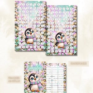 Könnte beinhalten: Ein 500C SPARPLAN Spar-Tracker-Set mit einem niedlichen Pinguin mit Schal, der auf einem Geschenk sitzt. Das Design umfasst kreisförmige Nummernsymbole, einen weihnachtlichen Hintergrund mit Weihnachtssternen und ein Blatt mit Spalten für Datum, Betrag und Summe.