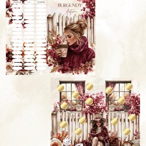 Könnte beinhalten: Digitaler Kunstdruck mit dem Titel "Burgundy Autumn" mit Illustrationen einer Frau mit einer Kaffeetasse, einer lesenden Frau und dekorativen Elementen. Der Druck enthält den Text "Burgundy Autumn" und "Budget Mandy".