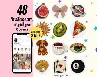 May include: An image featuring 48 Instagram Highlight Covers with diverse designs, such as a fig, bow, planet, sun, kiwi, pizza slice, dachshund, coffee cup, eye, seashell, playing cards, and an 8-ball. A phone with an Instagram profile is also shown, along with a "25% OFF SALE" sticker.