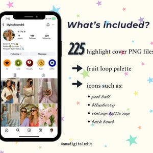 May include: A smartphone screen shows an Instagram profile with the text "What's included?" and "225 highlight cover PNG files." The image includes a "fruit loop palette" and icons such as a pool ball, blueberry, and vintage bottle cap.