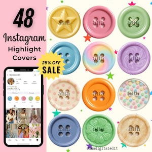 May include: A collection of 12 colorful Instagram highlight covers in various designs, including buttons, stars, and floral patterns. The covers are in shades of yellow, pink, green, blue, and orange. The image also includes a phone displaying an Instagram profile and the text "48 Instagram Highlight Covers".