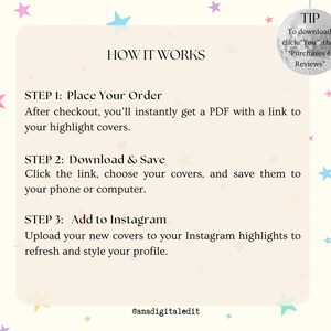 May include: A beige graphic with instructions on how to use Instagram highlight covers. The text reads "HOW IT WORKS" with steps on ordering, downloading, and adding the covers to Instagram. Colorful star and disco ball graphics are included.