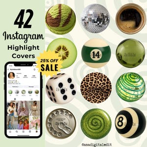 Puede incluir: Una colección de 42 portadas de historias destacadas de Instagram con varios diseños, incluyendo una bola de discoteca, dados y una taza de café. La imagen también presenta un iPhone que muestra un perfil de Instagram y el texto "25% OFF SALE."