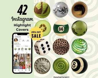 May include: An image showcasing 42 Instagram Highlight Covers with diverse designs, such as a disco ball, dice, and a coffee cup. An iPhone displaying an Instagram profile is also present, along with the text "25% OFF SALE."