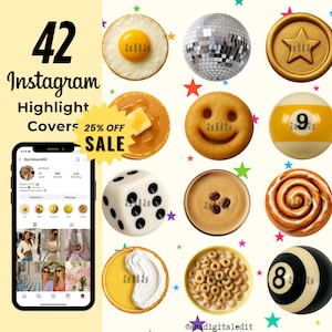 May include: A collection of 42 Instagram highlight covers with various icons, including a fried egg, disco ball, and a smiley face cookie. The image includes a smartphone displaying an Instagram profile and the text "25% OFF SALE".