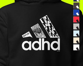おもしろADHDパーカー | 神経多様性メンタルヘルスフード付きスウェットシャツ | 3ストライプ風デザイン