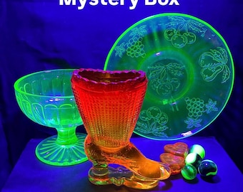 MYSTERY BOX! Uranium and Amberina Vintage Glowing Glass Instant Collection - UV Glows 395 & 365 - Toothpick Holder Plate Cup