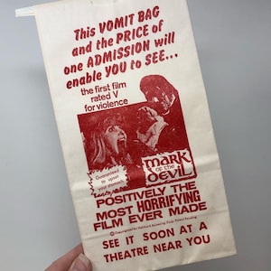One 1970 Mark of the Devil Vomit Bag Splatter Movie Theater Promo - Oddities Horror Collection