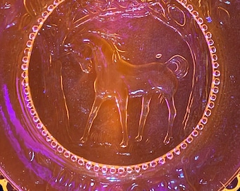 1980s Unicorn in Magical Forest Blue Selenium Glass Cup Plate Vintage - UV Black Light Reactive Glows - 365 & 395