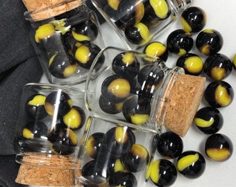 UV Glowing Set of 7 1970s Bumble Bee Cadmium Glass Marbles in Glass Corked Jar