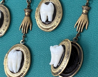 One Real Human Tooth Locket and Hand Pendant Necklace in Antique Brass - Opens For Your Photos, Hair, Artwork - Victorian Style Molar Locket