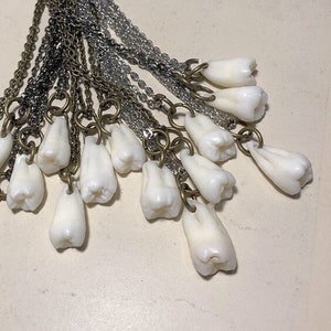May include: A collection of white tooth charms hanging from silver and gold chains. The charms are all different sizes and shapes, and they are arranged in a fan shape.