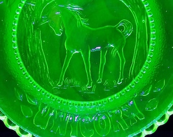 1980s Uranium Unicorn in Magical Forest Green Glass Cup Plate Vintage - UV Black Light Reactive Glows - 365 & 395