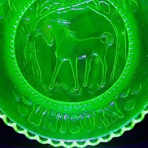 1980s Uranium Unicorn in Magical Forest Green Glass Cup Plate Vintage - UV Black Light Reactive Glows - 365 & 395