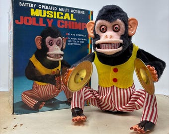 Works & Box! 1960s Jolly Chimp Cymbal Playing Creepy Vintage Monkey Toy with Box - FULLY FUNCTIONAL!