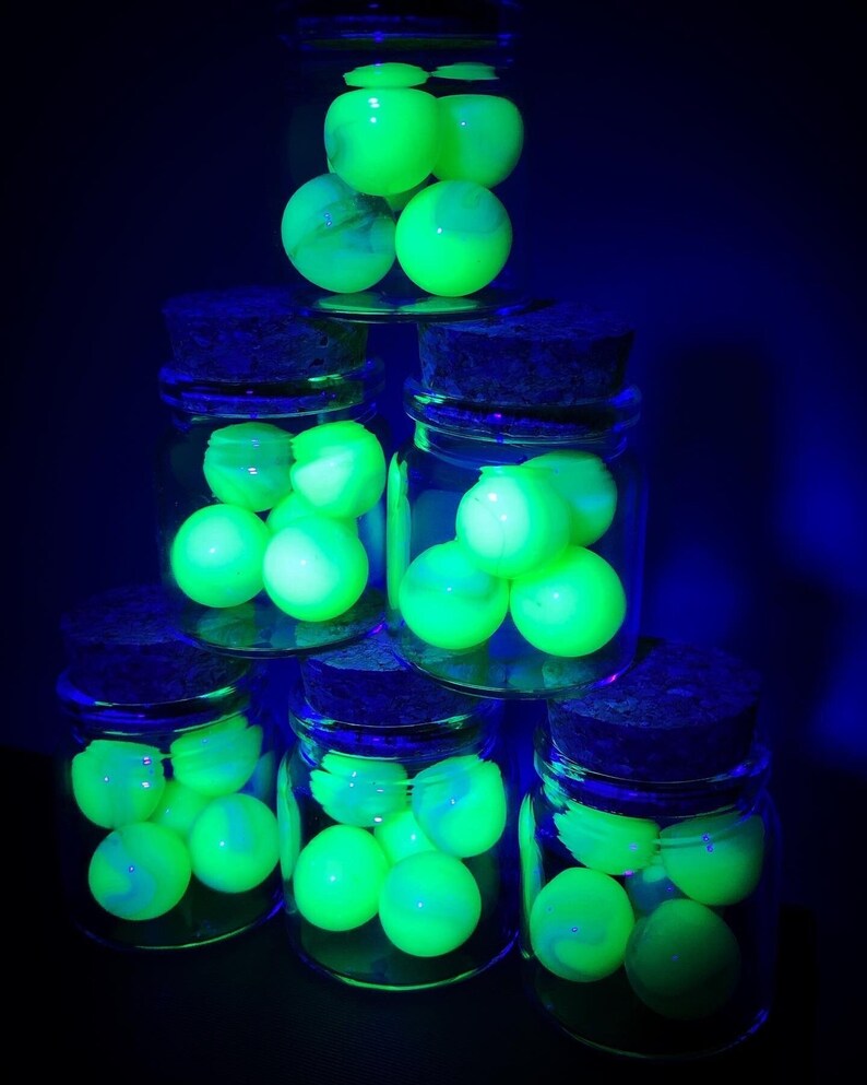 High Glow Set of 5 Handmade 70s Uranium Burmese Jabo Glass Marbles in Corked Glass Jar image 1