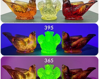 PICK ONE! Glowing 1970s Glass Bird Dish - UV Black Light Reactive Glows - Uranium Cadmium - Yellow, Orange, Amberina