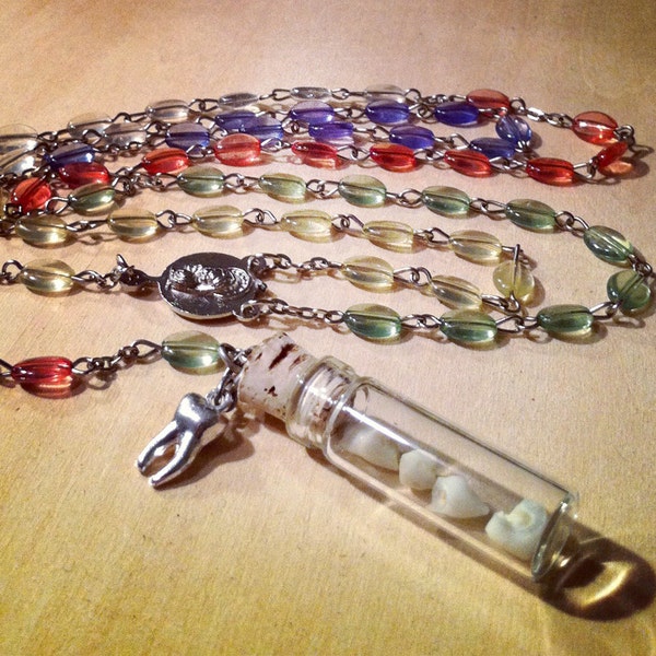 RESERVED LISTING FOR kittensofun - Vintage Multi Colored Beaded Rosary with Baby Teeth Glass Vial Pendant