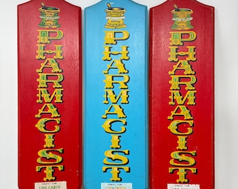 PICK ONE! 1970s Pharmacist Wood Trade Sign - Chemist Sign for Collection or Prop - Baby Blue or Red