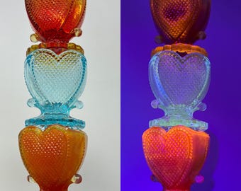 PICK ONE! Vintage Glowing Glass Heart Trinket Jar - UV Black Light Reactive Glows 395 & 365 - Amberina Cadmium Selenium Manganese