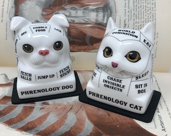 Cat or Dog Ceramic Phrenology Mini Bust with Wood Base - You Pick!