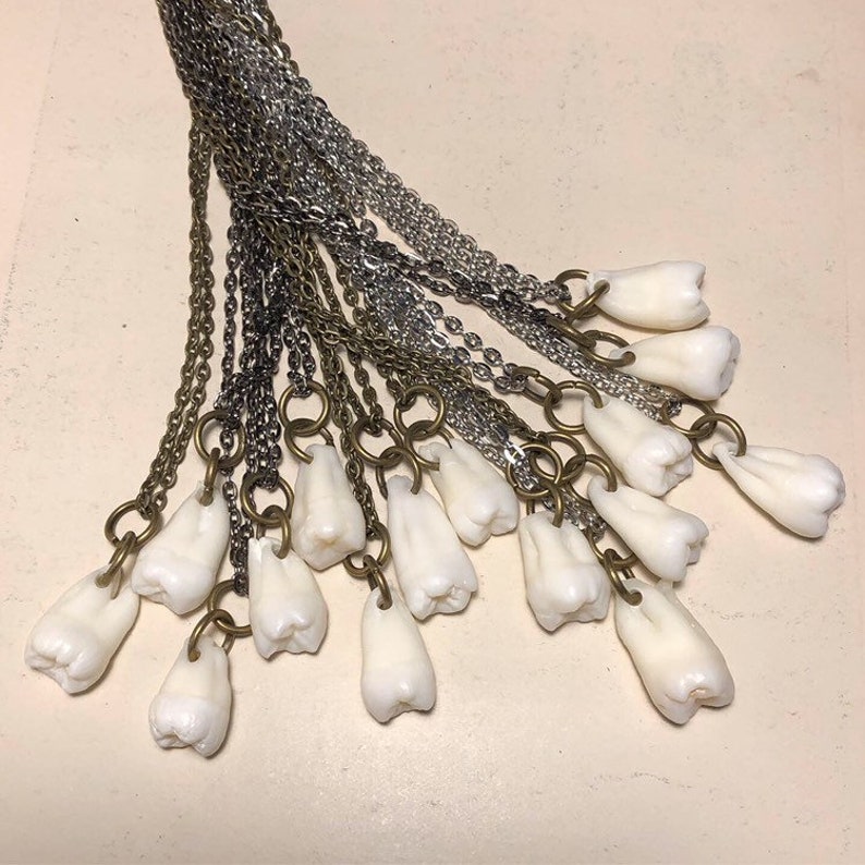 May include: A collection of white teeth charms hanging from gold and silver chains. The charms are attached to the chains with small gold jump rings.