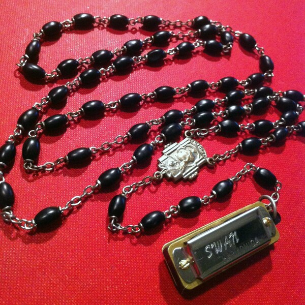 Mini Functional Harmonica Necklace on Black Beaded Vintage Rosary