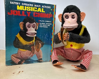 Works & Box! 1960s Jolly Chimp Cymbal Playing Creepy Vintage Monkey Toy with Box - READ LISTING INFO