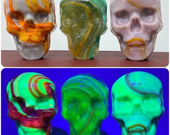 PICK ONE! Glowing Glass Human Skull Uranium, Cadmium, Selenium - UV Black Light Reactive Glows!