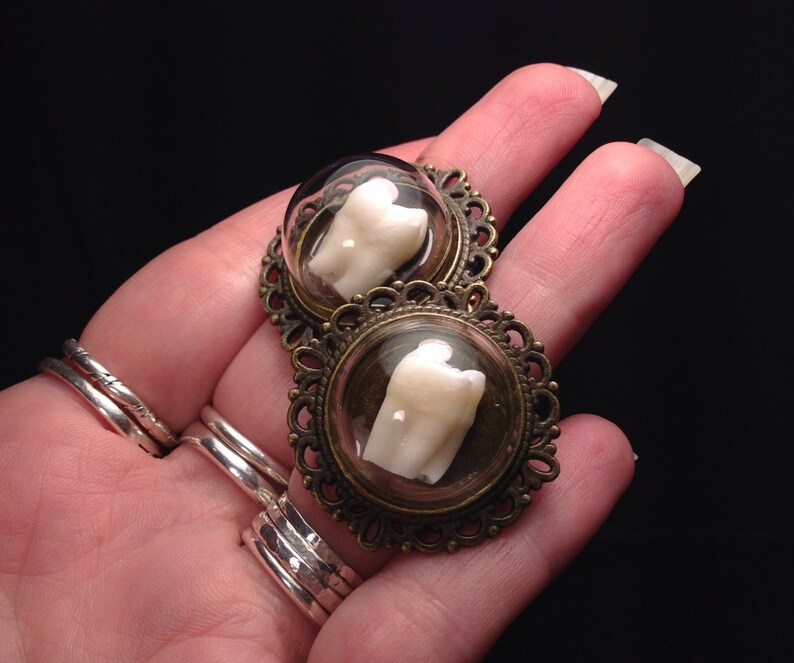 LAST ONE Real Human Tooth Glass Domed Adjustable Antique Brass Ring image 2