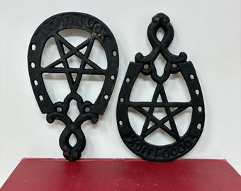 PICK ONE! Vintage Cast Iron Good Luck Horse Shoe Tabletop or Wall Hanging Trivet with Pentacle or Pentagram Star