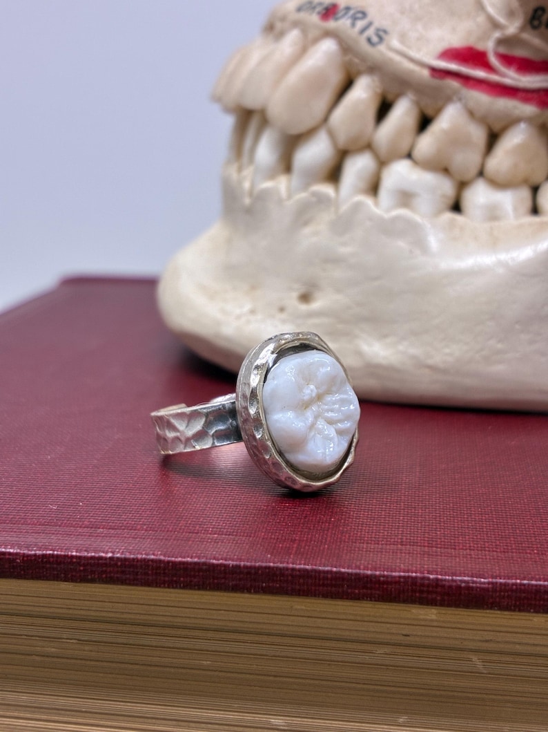 Real Human Molar Crown Adjustable Oval Setting Silver Ring - Starts at Size 7