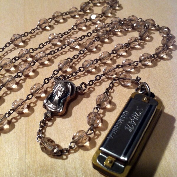 Functional Harmonica Necklace on Vintage Crystal Beaded Rosary