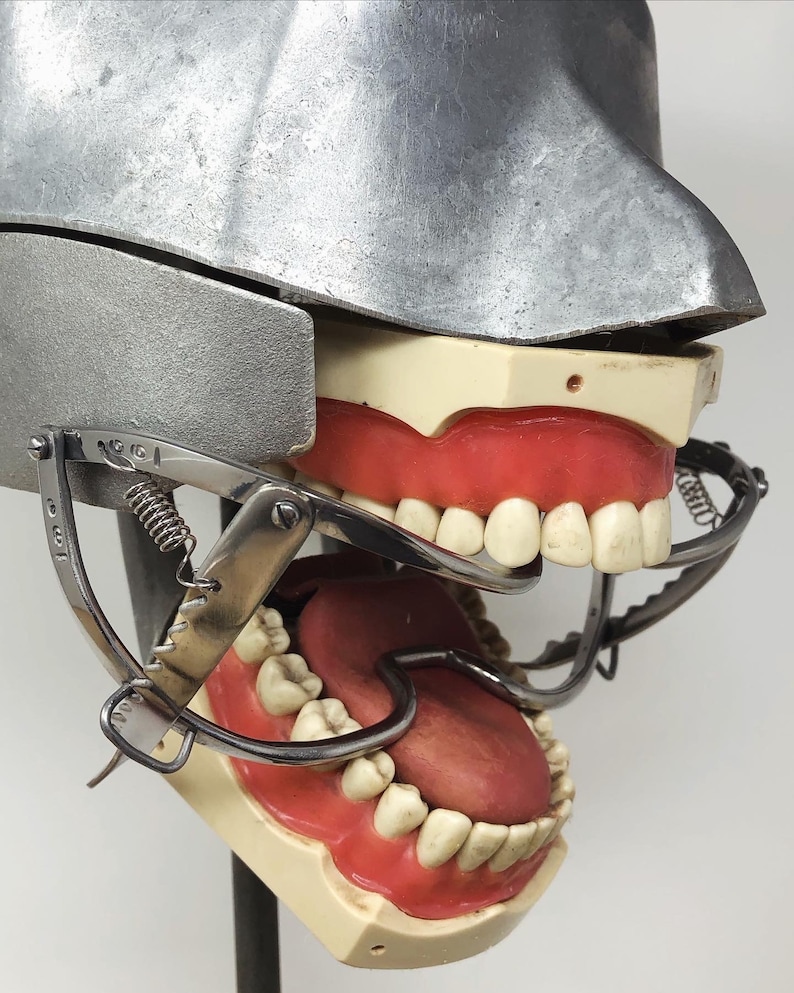 May include: A vintage dental model with a metal head and a detailed view of the teeth and gums. The model features a hinged jaw and metal instruments, showcasing the structure of the mouth and teeth.