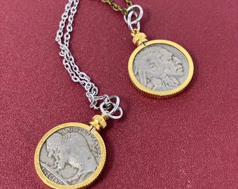Real Buffalo Indian Head Nickel Coin Pendant Necklace - Real Vintage Coin in Gold Tone Setting - No Dates on Coins