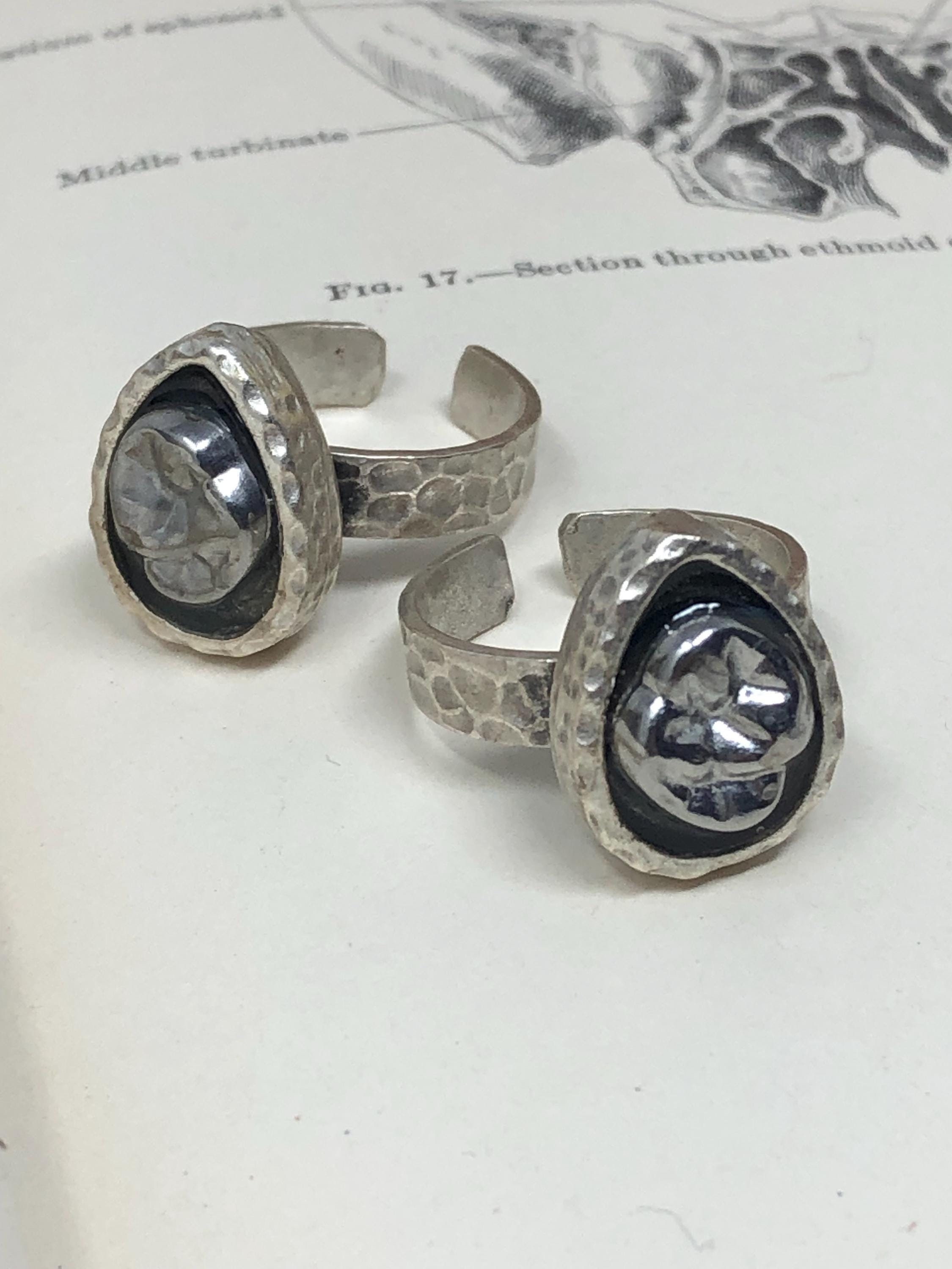 RARE TOOTH CROWN! Real Human Molar Adjustable Teardrop Setting Thin Band Silver Ring - Starts at Size 7 - Silver Tooth Crown Cap