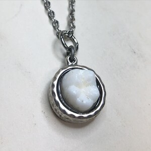 May include: A silver-toned metal pendant necklace featuring a white, tooth-shaped centerpiece set within a circular, hammered-texture frame. The pendant hangs from a matching silver-toned metal chain link necklace.