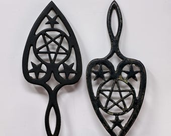 PICK ONE! Vintage Cast Iron Stars and Heart Tabletop or Wall Hanging Trivet with Pentacle or Pentagram Star