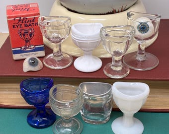 PICK ONE! Vintage Glass Eye Bath Wash Cup - Eyewash, Pedestal, Cobalt Blue, Slag, Milk Glass, Clear, Aluminum