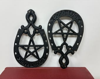 PICK ONE! Vintage Cast Iron Good Luck Horse Shoe Tabletop or Wall Hanging Trivet with Pentacle or Pentagram Star