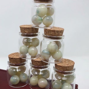High Glow Set of 5 Handmade 70s Uranium Burmese Jabo Glass Marbles in Corked Glass Jar image 4