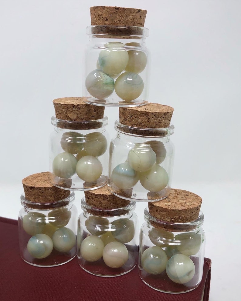 High Glow Set of 5 Handmade 70s Uranium Burmese Jabo Glass Marbles in Corked Glass Jar image 4