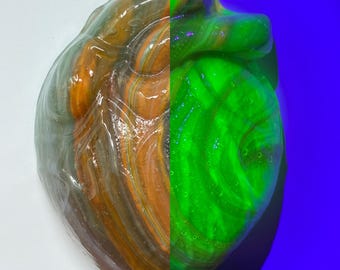 Uranium Heart Glowing Slag Glass - Anatomical Heart - 365 and 395 UV Black Light Reactive Glow! Cadmium
